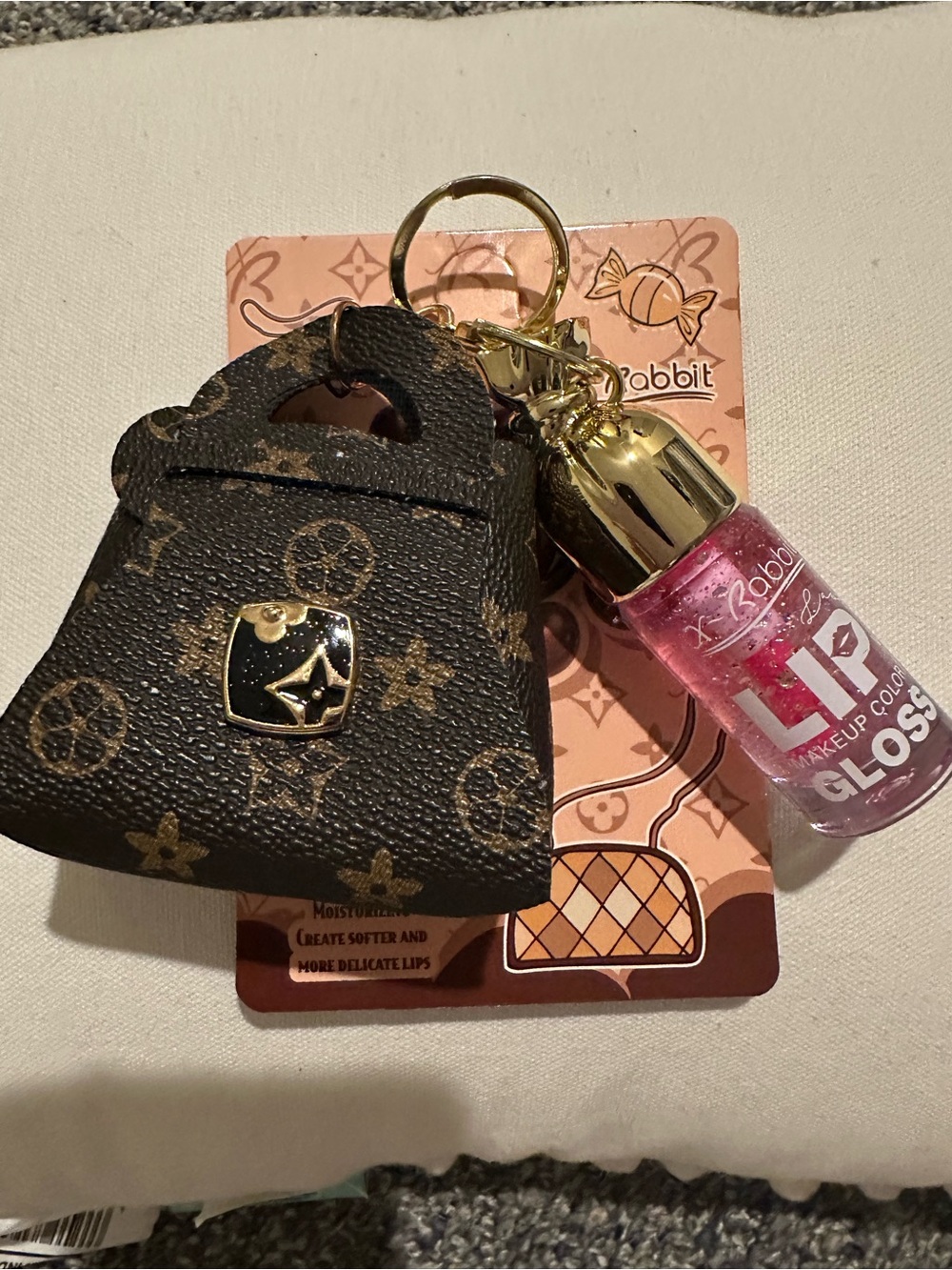 Luxury-Inspired Black & Pink Mini Bag Charm Keychain with Pink Lip Gloss